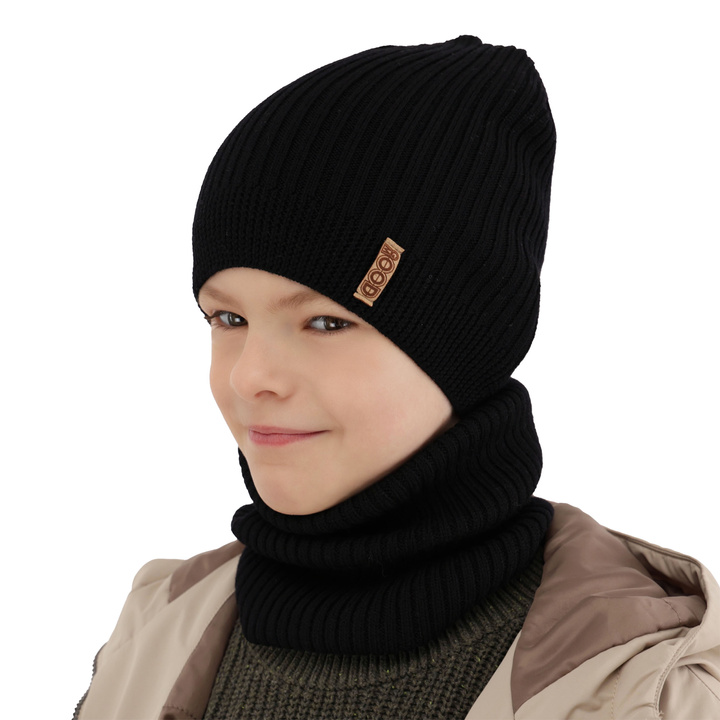Set primăvară-toamnă pentru băieți: Căciulă și fular circular negru 100% lână merino extra fină Chester