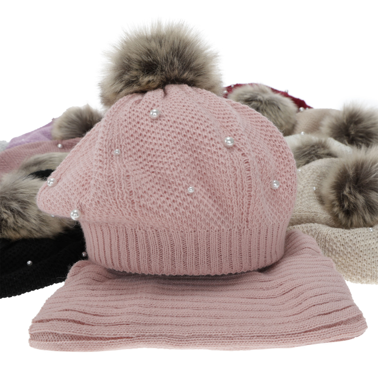 Beret și fular circular pentru fete, de iarnă, căptușit cu polar, culoarea cremă, cu pompon, Jeanette