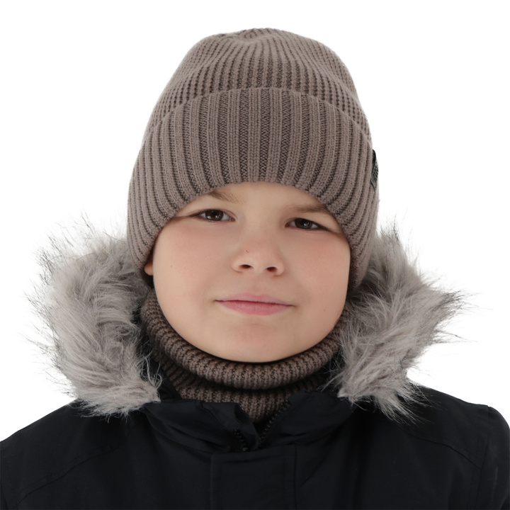 Set de iarnă pentru băieți: Căciulă și fular circular, 100% lână merino, căptușit cu lână merino, maro Harbin