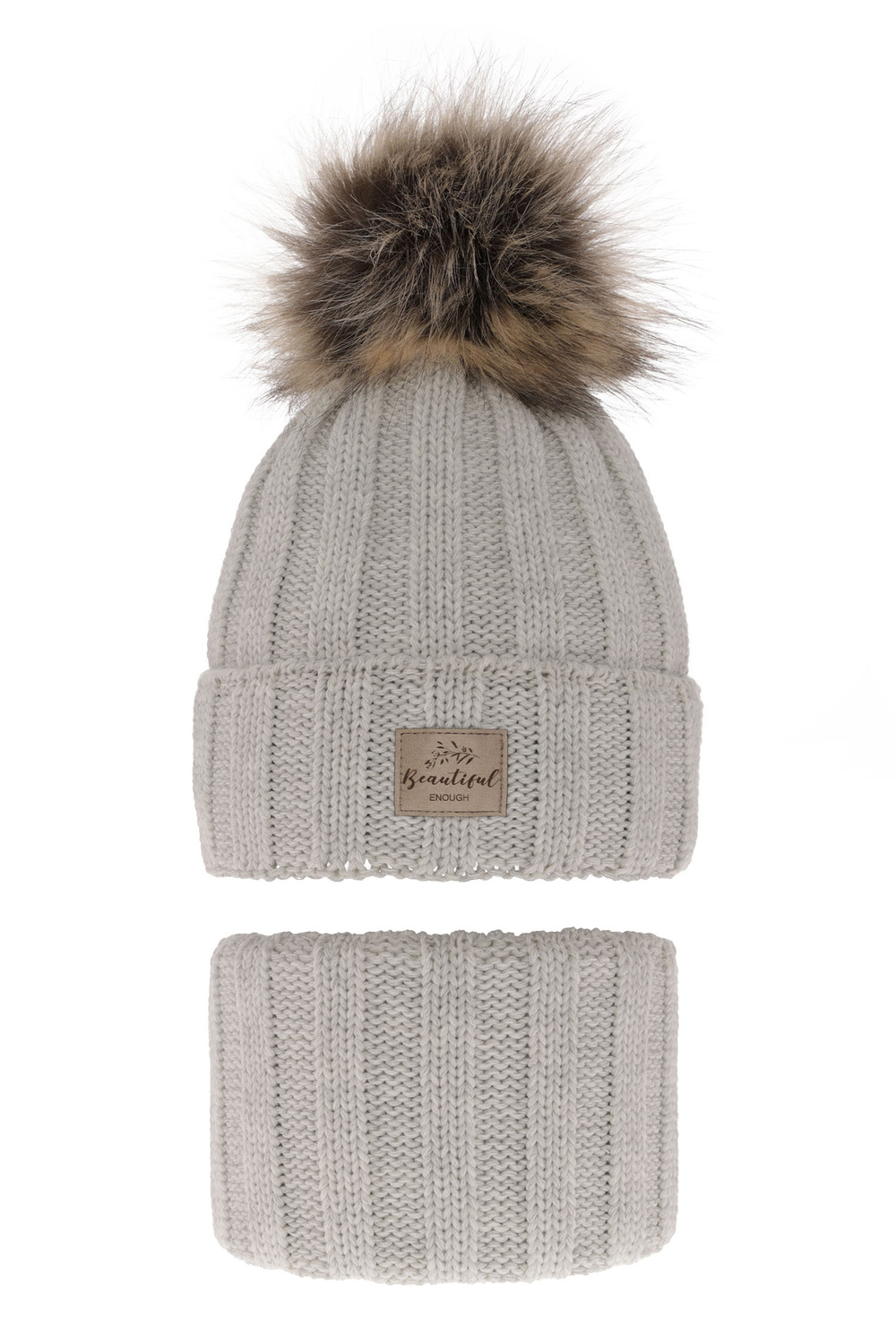 Set de iarnă pentru fete: căciulă și fular circular gri cu pompon Kaliope