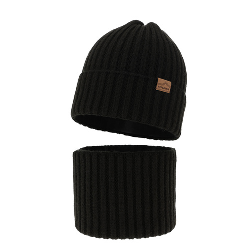 Set de iarnă pentru băieți: Căciulă și fular circular negru lână merino Karmin