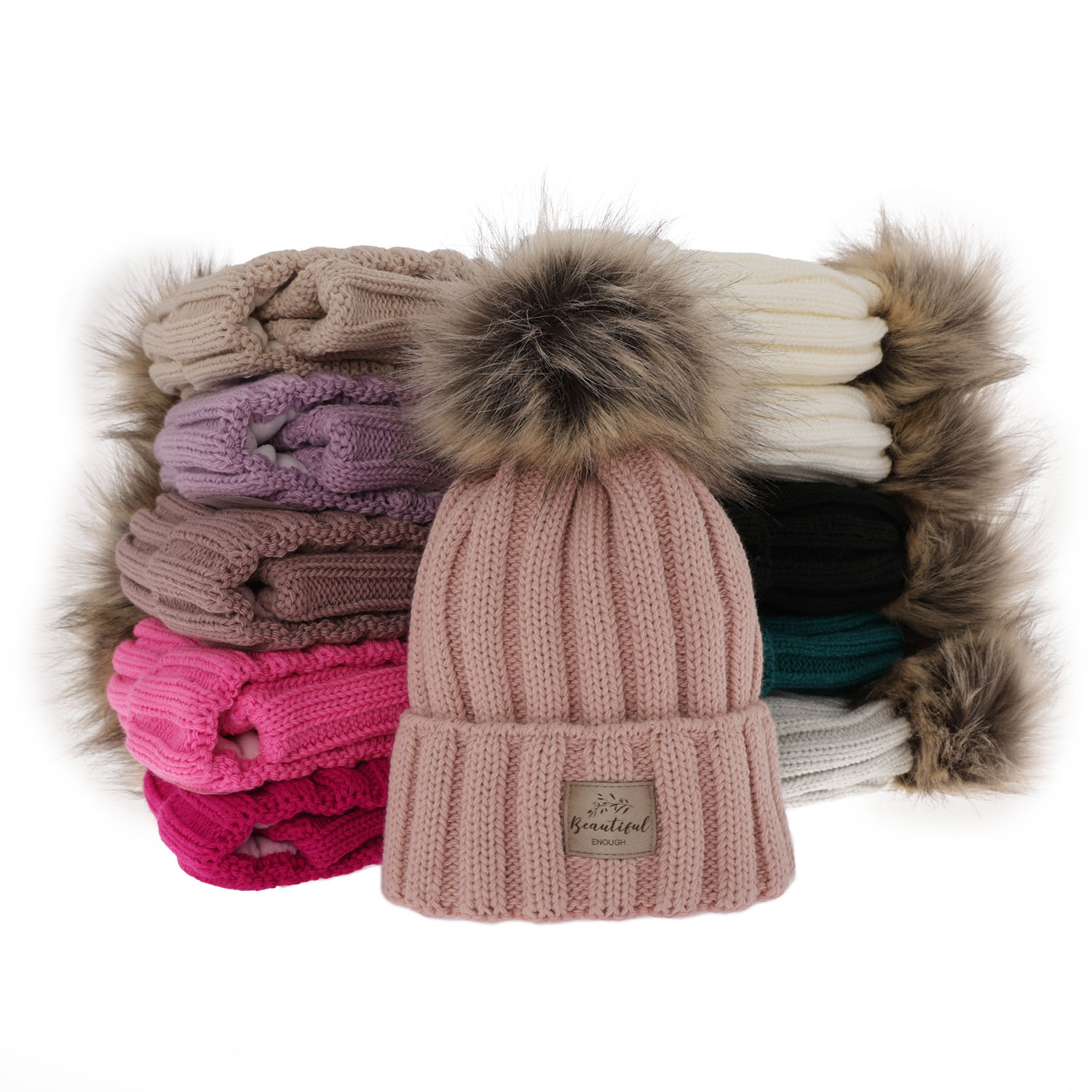 Set de iarnă pentru fete: căciulă și fular circular alb cu pompon Kaliope