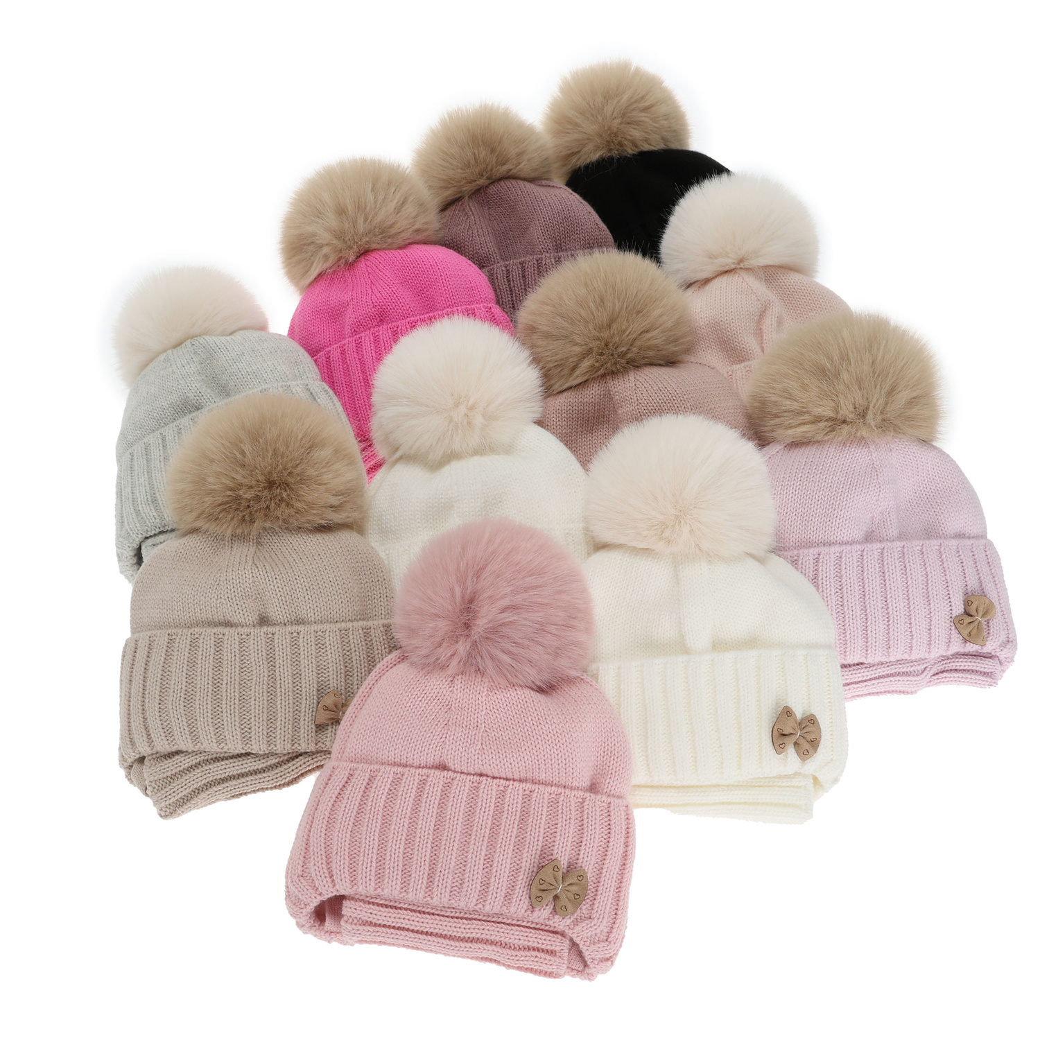 Set de iarnă pentru fete: căciulă și fular circular ecru cu pompon Talena