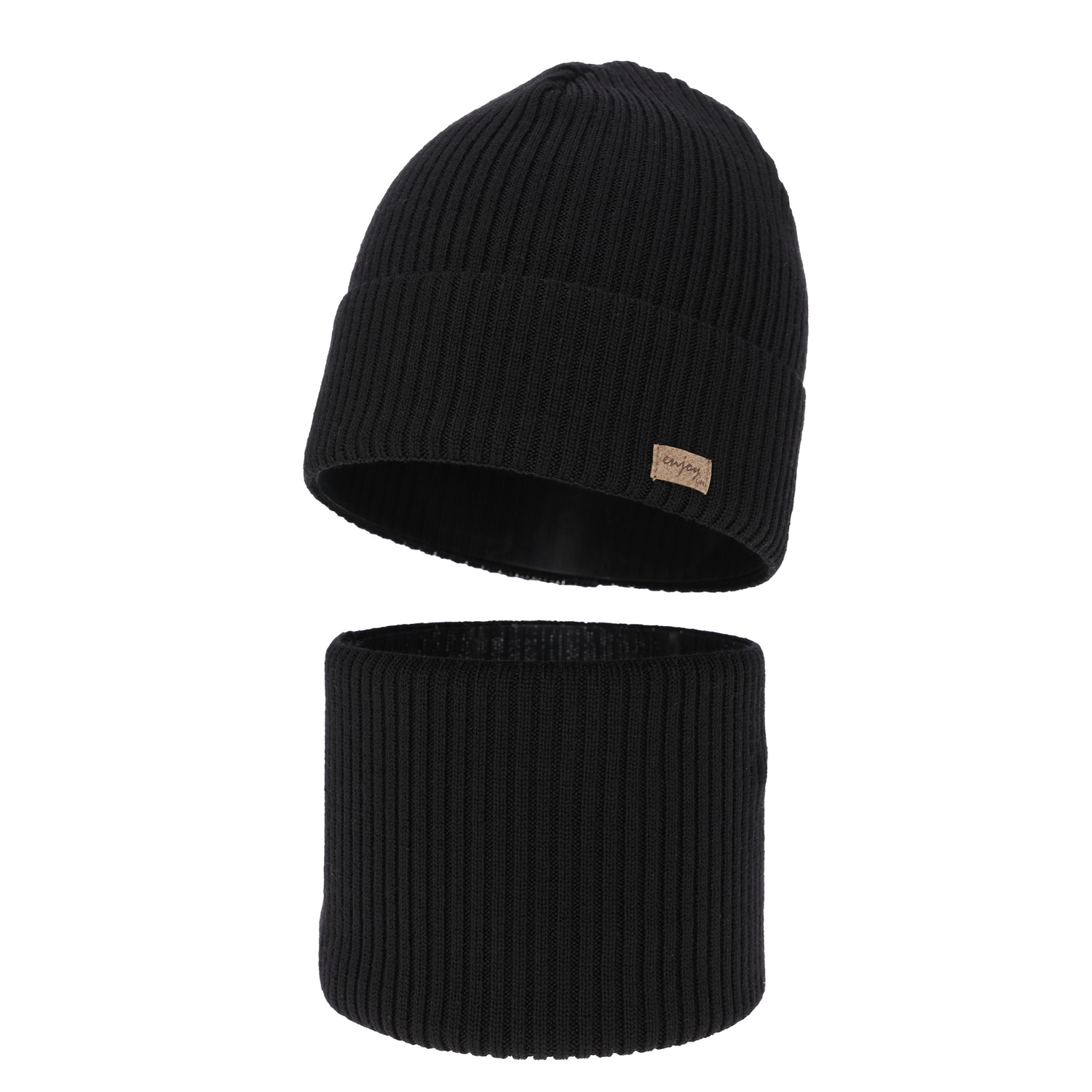 Set primăvară-toamnă pentru băieți: Căciulă și fular circular negru 100% lână merino extra fină Intro