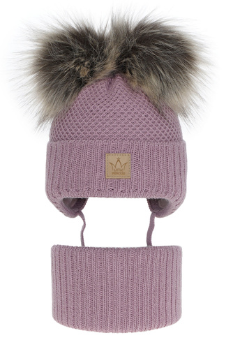Set de iarnă pentru fete: căciulă și fular circular violet cu 2 pompoane Minsi
