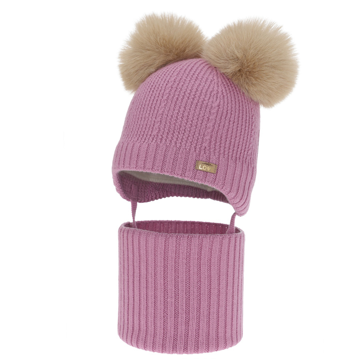 Set căciulă și fular pentru fete, iarnă, violet, 100% lână merino, căptușit cu fleece de lână, Lumia