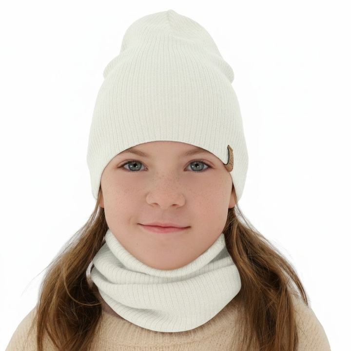 Set de primăvară-toamnă pentru fete: căciulă și fular circular alb 100% lână merino extra fină Ricona