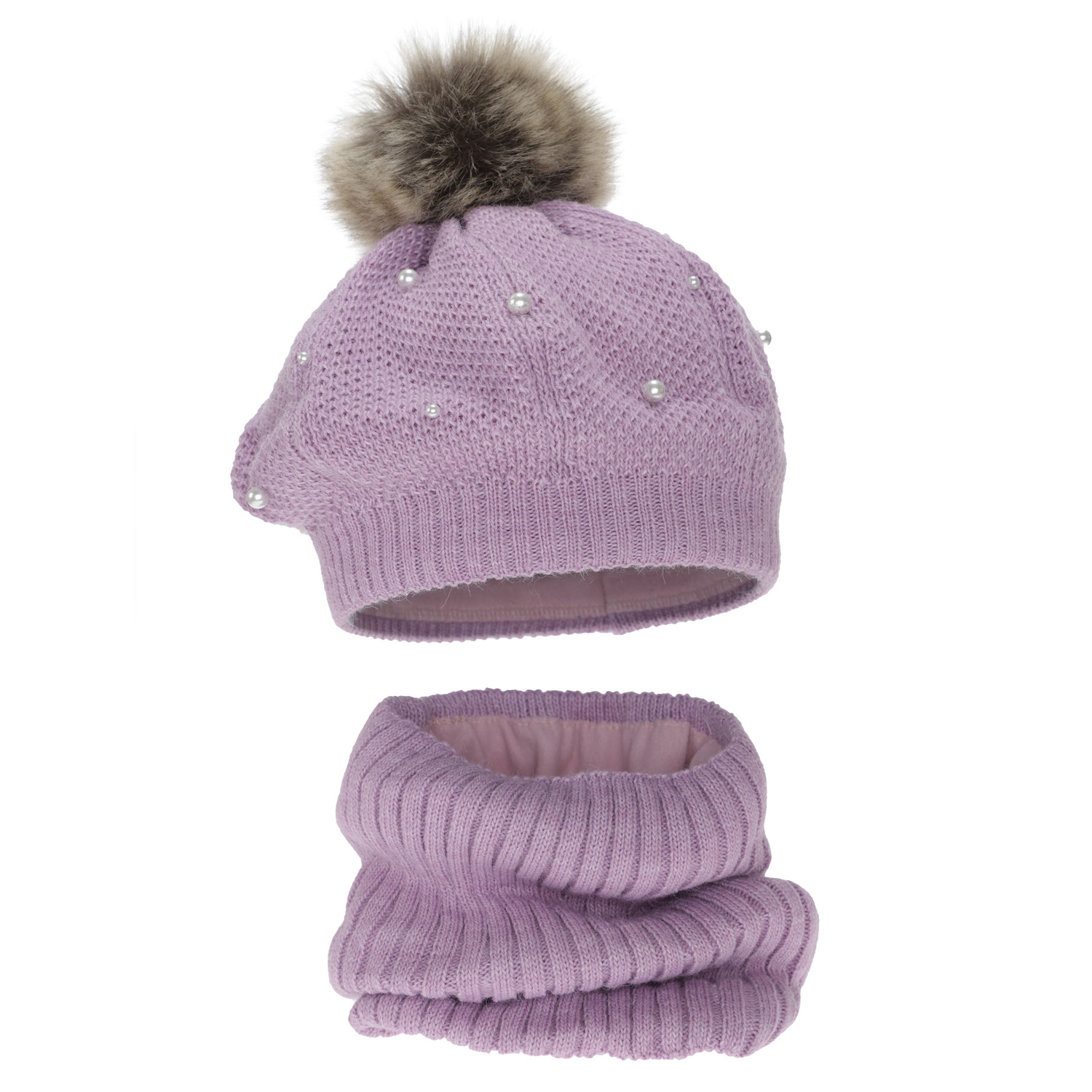 Beret și fular circular pentru fete, de iarnă, căptușit cu fleece, mov, cu pompon, Jeanette