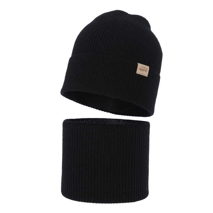 Set de primăvară-toamnă pentru fete: căciulă și fular circular, negru, 100% lână merino, Magenta