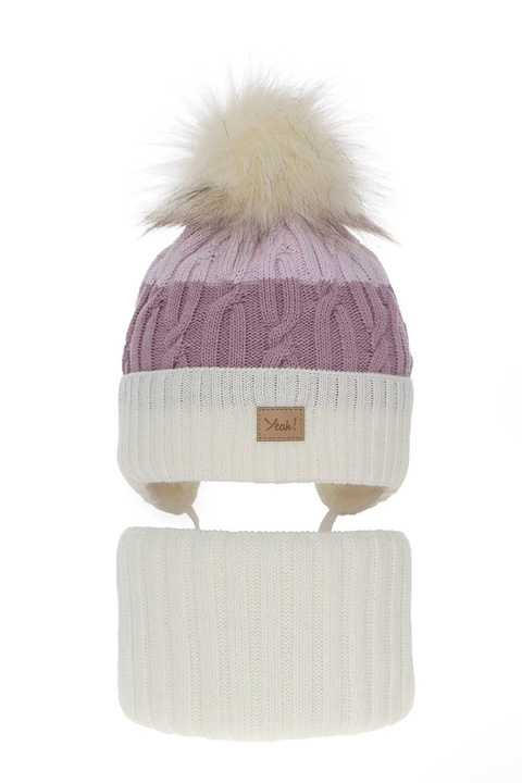 Set de iarnă pentru fete: căciulă și fular circular ecru cu pompon Riviera