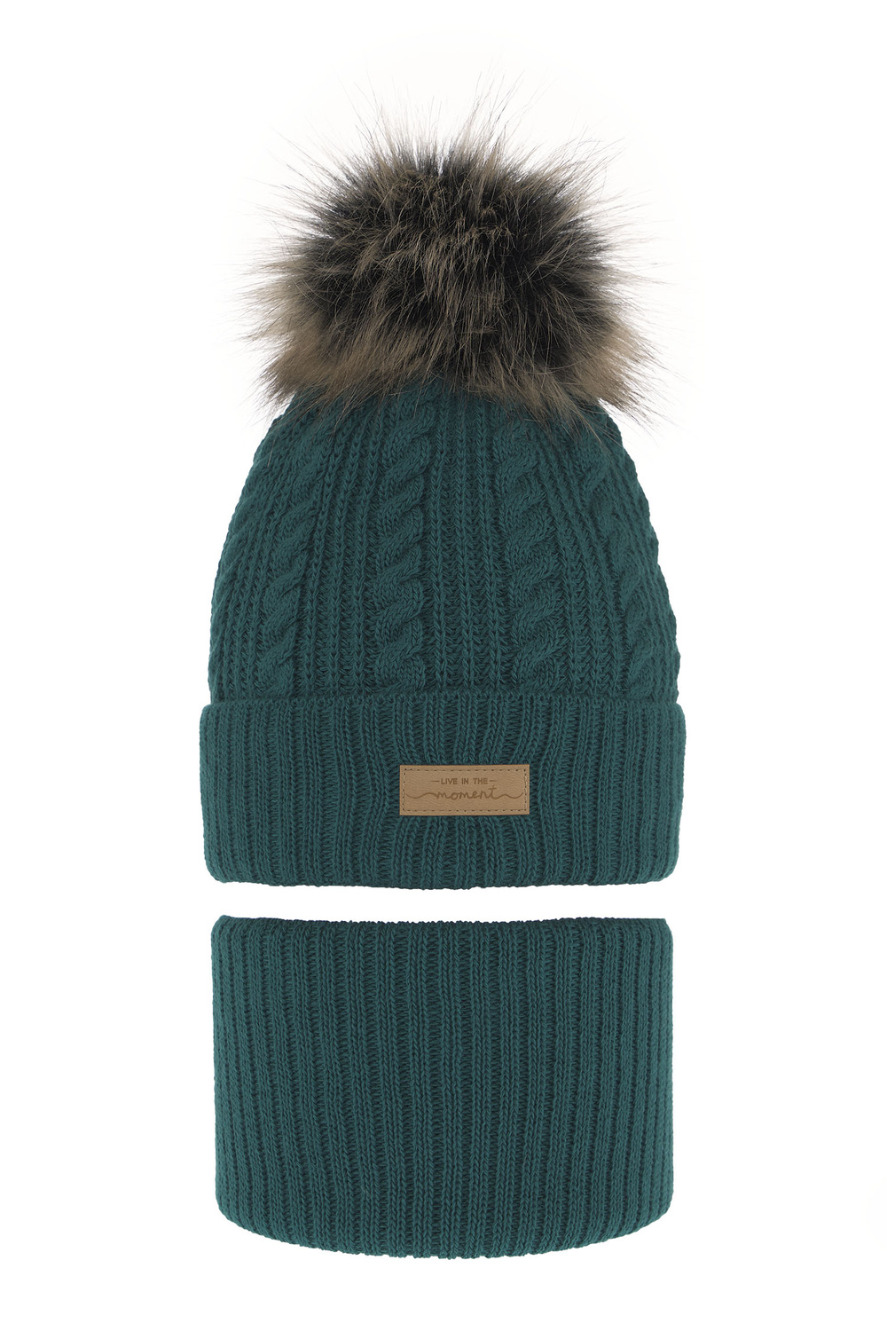 Set de iarnă pentru fete: căciulă și fular circular verde cu pompon Alika