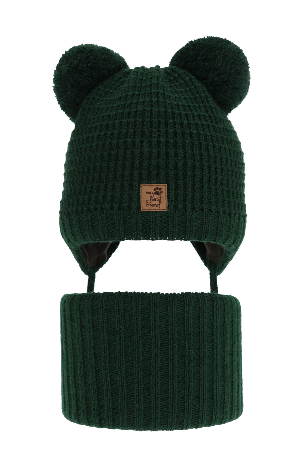 Set de iarnă pentru băieți: Căciulă și fular circular verde cu 2 pompoane Krispi