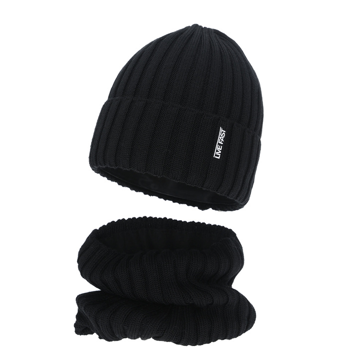 Set de iarnă pentru băieți: căciulă și fular circular, negru, cu lână merino, căptușit cu fleece, Banasko