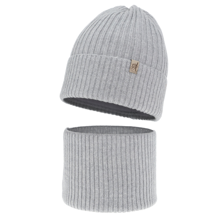 Set de iarnă pentru fete: căciulă și fular circular, gri, 100% lână merino, Patricia