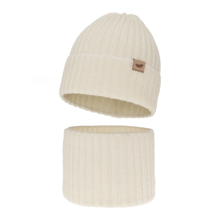 Set de iarnă pentru fete căciulă și fular circular ecru din lână merino Karmina