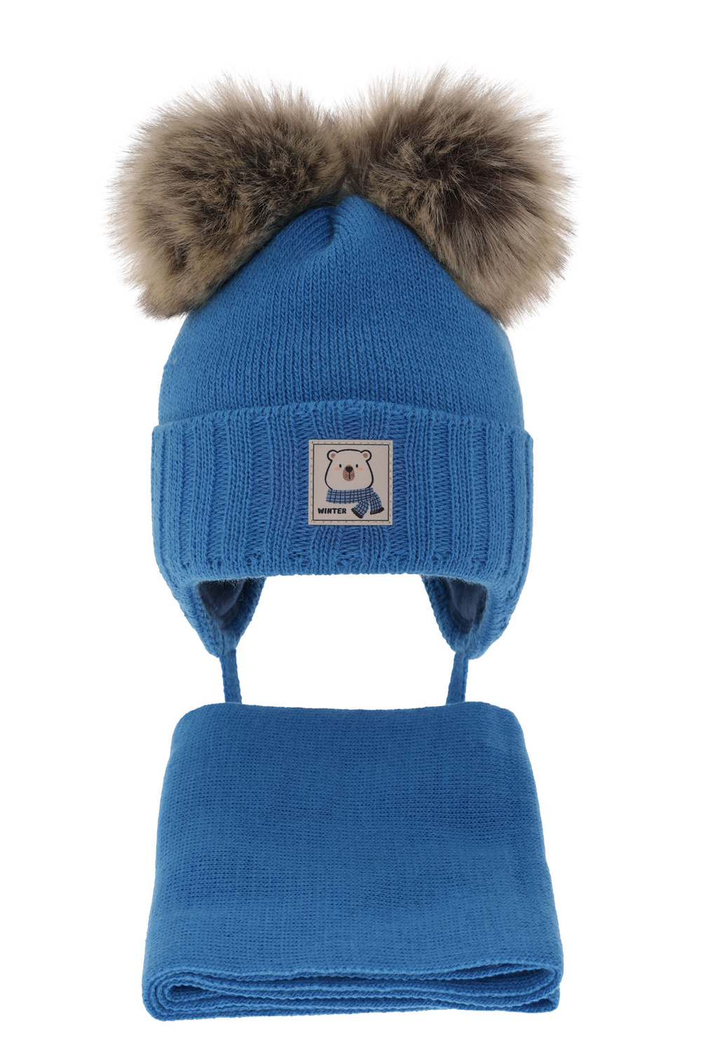 Set de iarnă pentru băieți: Căciulă și fular albastru cu 2 pompoane Jewel
