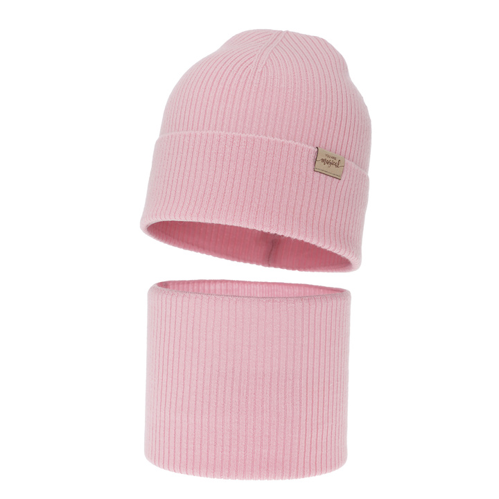 Set de primăvară-toamnă pentru fete: căciulă și fular circular, roz, 100% lână merino, Magenta