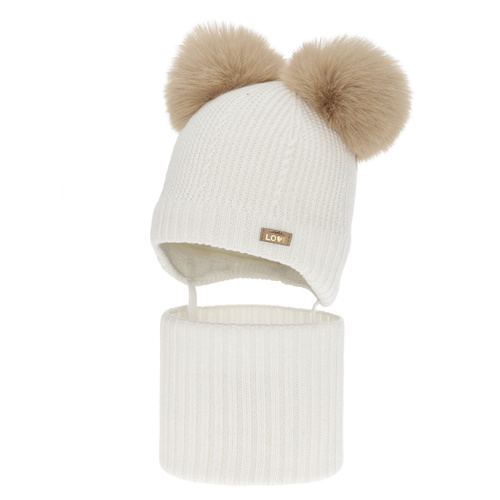 Set căciulă și fular pentru fete, iarnă, alb, 100% lână merino, căptușit cu fleece de lână, Lumia
