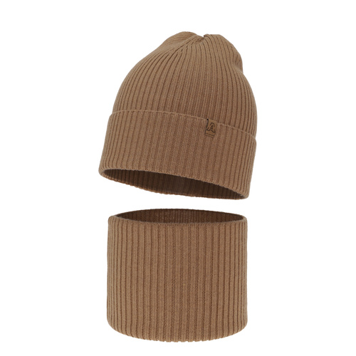 Set primăvară-toamnă pentru băieți: Căciulă și fular circular camel 100% lână merino extra fină Lemas