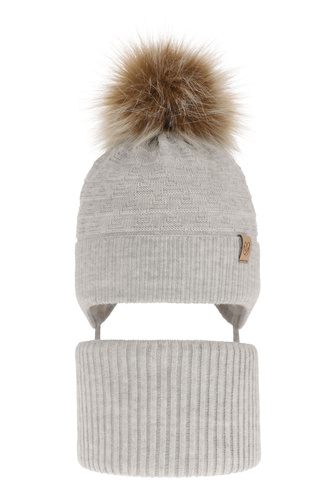 Set de iarnă pentru fete: căciulă și fular circular gri cu pompon Egeria