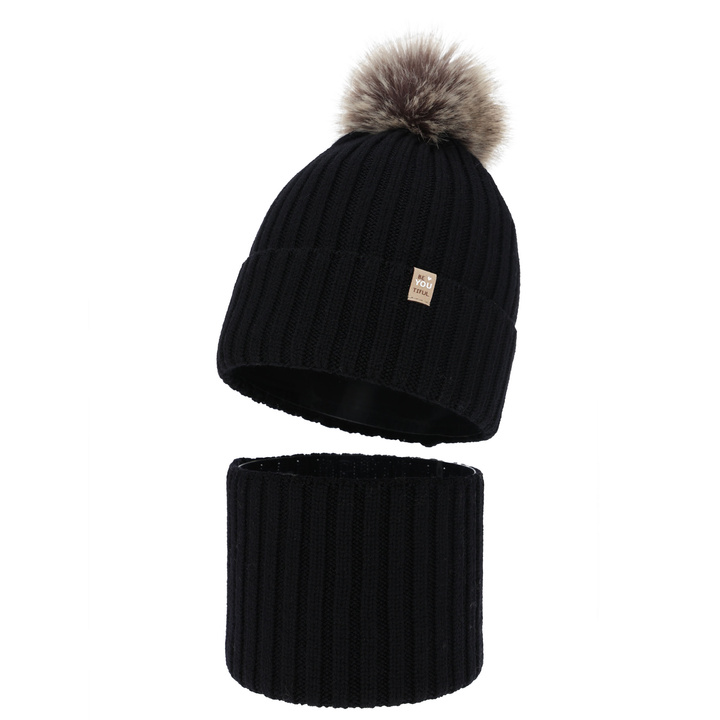 Set de iarnă pentru fete: căciulă și fular circular, negru, 100% lână merino, căptușit cu bumbac, cu pompon, Terida