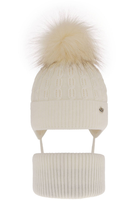 Set de iarnă pentru fete: căciulă și fular circular ecru cu pompon Tukana