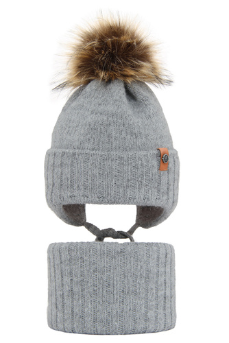 Set de iarnă pentru băieți: Căciulă și fular circular gri cu pompon Dominik
