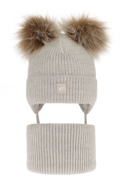 Set de iarnă pentru fete: căciulă și fular circular gri cu 2 pompoane Kiara