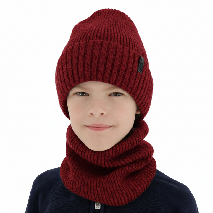Căciulă și fular circular pentru băieți, set de iarnă, 100% lână merino, căptușit cu lână merino, bordo Harbin