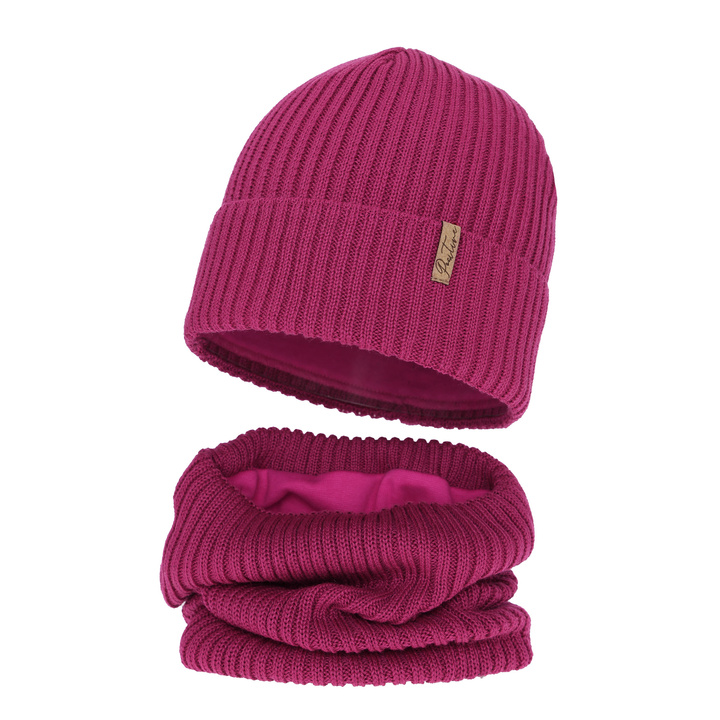 Set de iarnă pentru fete: căciulă și fular circular căptușit cu polar, amarant, cu lână merino, Odette