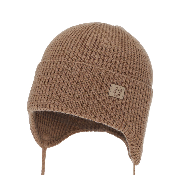 Căciulă iarnă / toamnă pentru băieți, 100% lână merino, cu urechi, camel, Bakadi