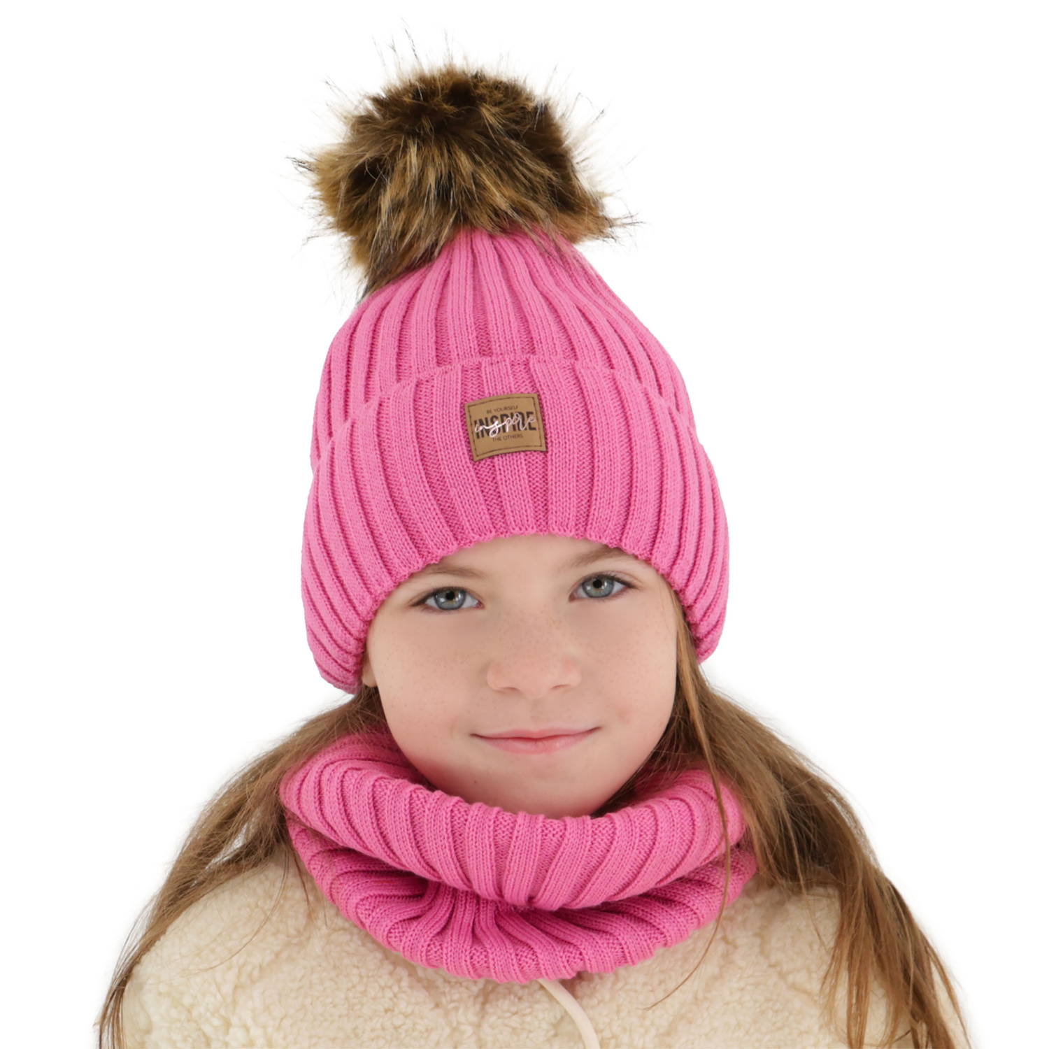 Set de iarnă pentru fete: căciulă și fular circular, cremă, căptușit cu fleece, cu lână merino, Bellina