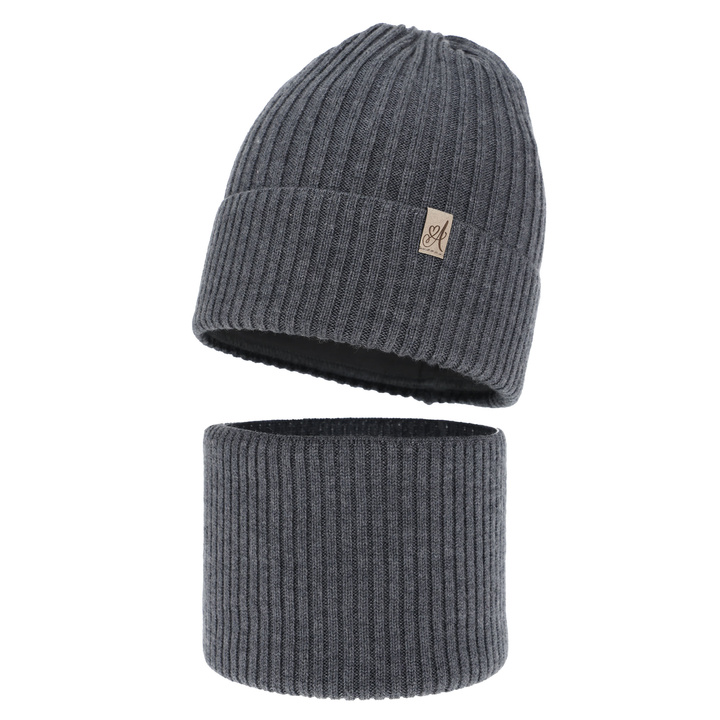 Set de iarnă pentru fete: căciulă și fular circular, gri, 100% lână merino, Patricia