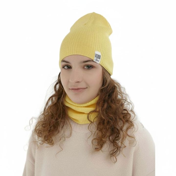 Set de primăvară-toamnă pentru fete: căciulă și fular circular, cu bumbac, galben Farinka