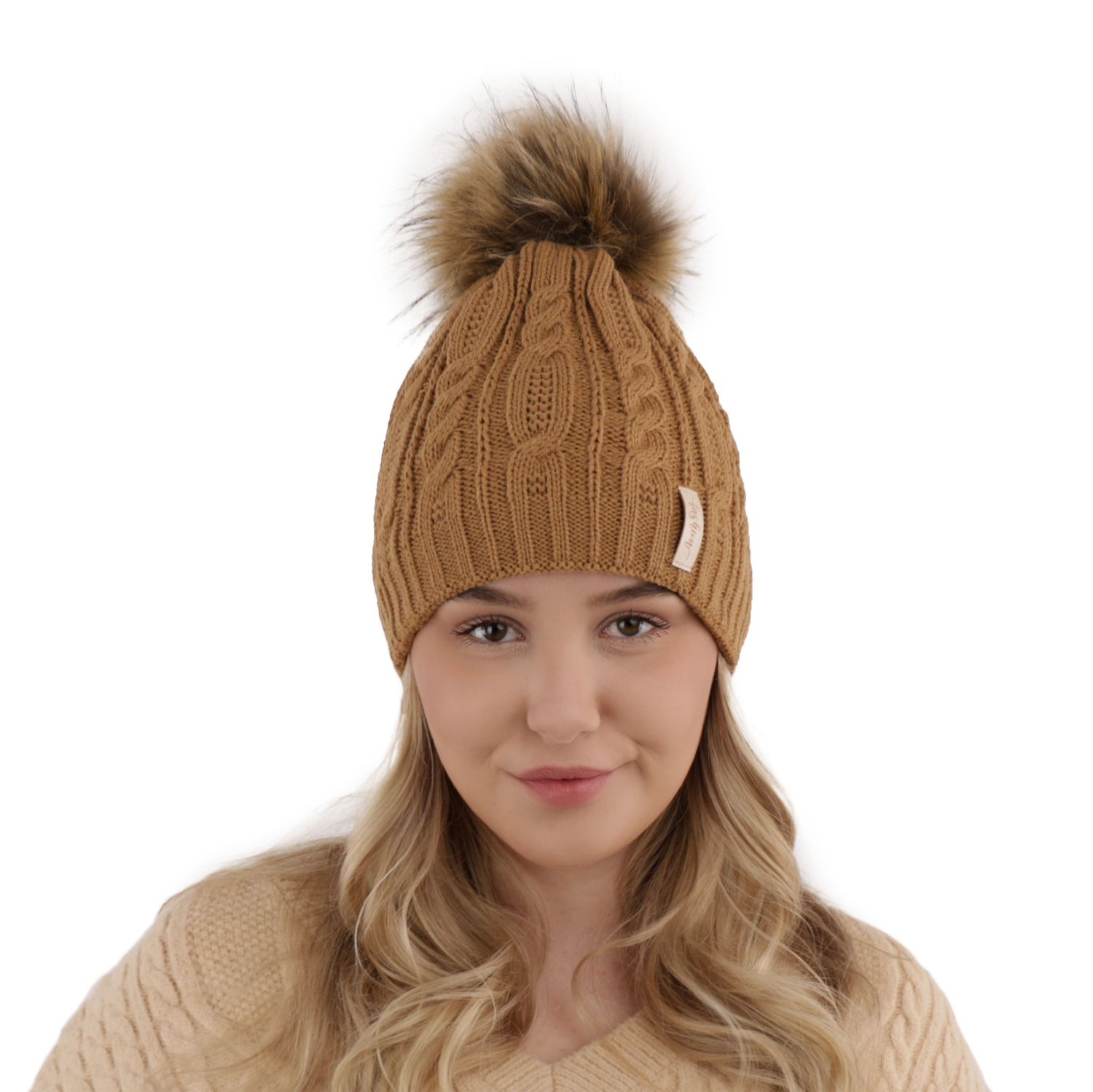 Căciulă de iarnă pentru femei camel cu pompon Mirka