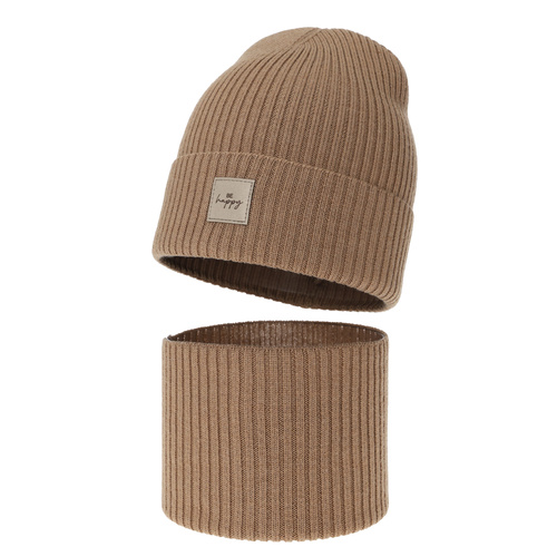 Set de primăvară-toamnă pentru fete: căciulă și fular circular, camel, 100%, lână merino, Vanita