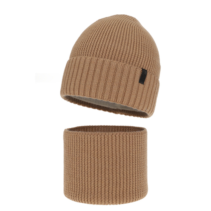 Căciulă și fular circular pentru băieți, set de iarnă, 100% lână merino, căptușit cu lână merino, camel Harbin