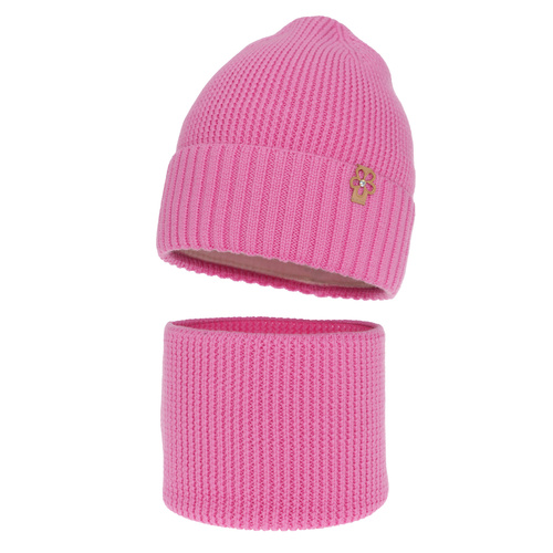 Set de iarnă pentru fete: căciulă și fular circular roz 100% lână merino extra fină Nelita