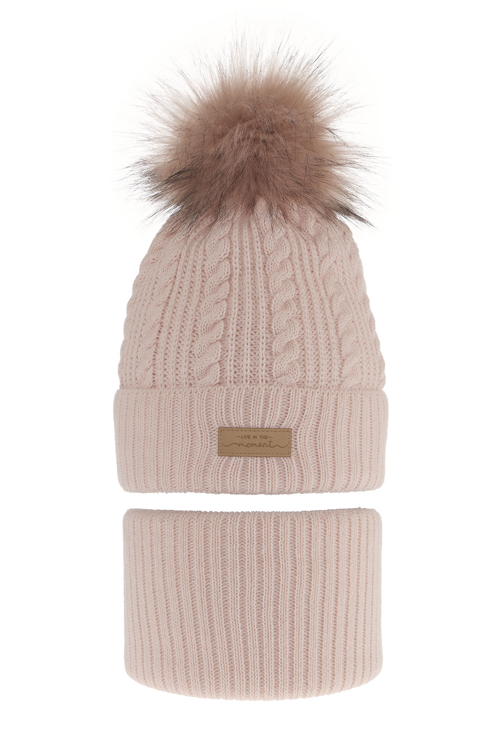 Set de iarnă pentru fete: căciulă și fular circular roz cu pompon Alika