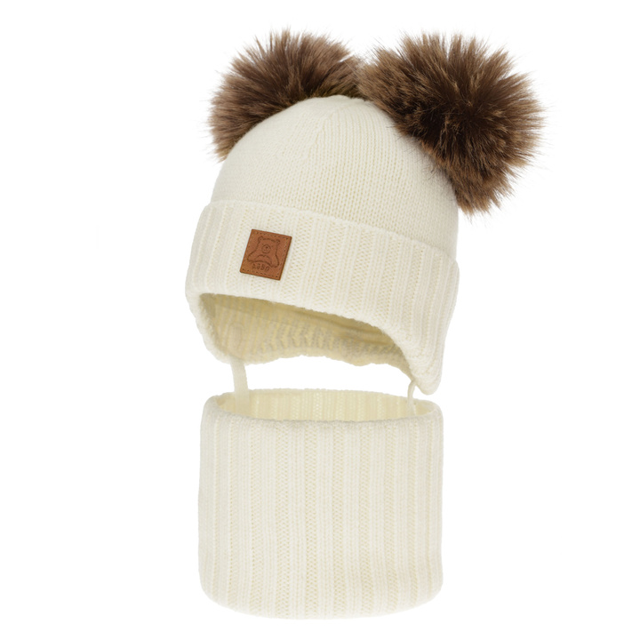 Set căciulă și fular pentru băieți, iarnă, crem, 100% lână merino, căptușit cu fleece de lână, Ronik