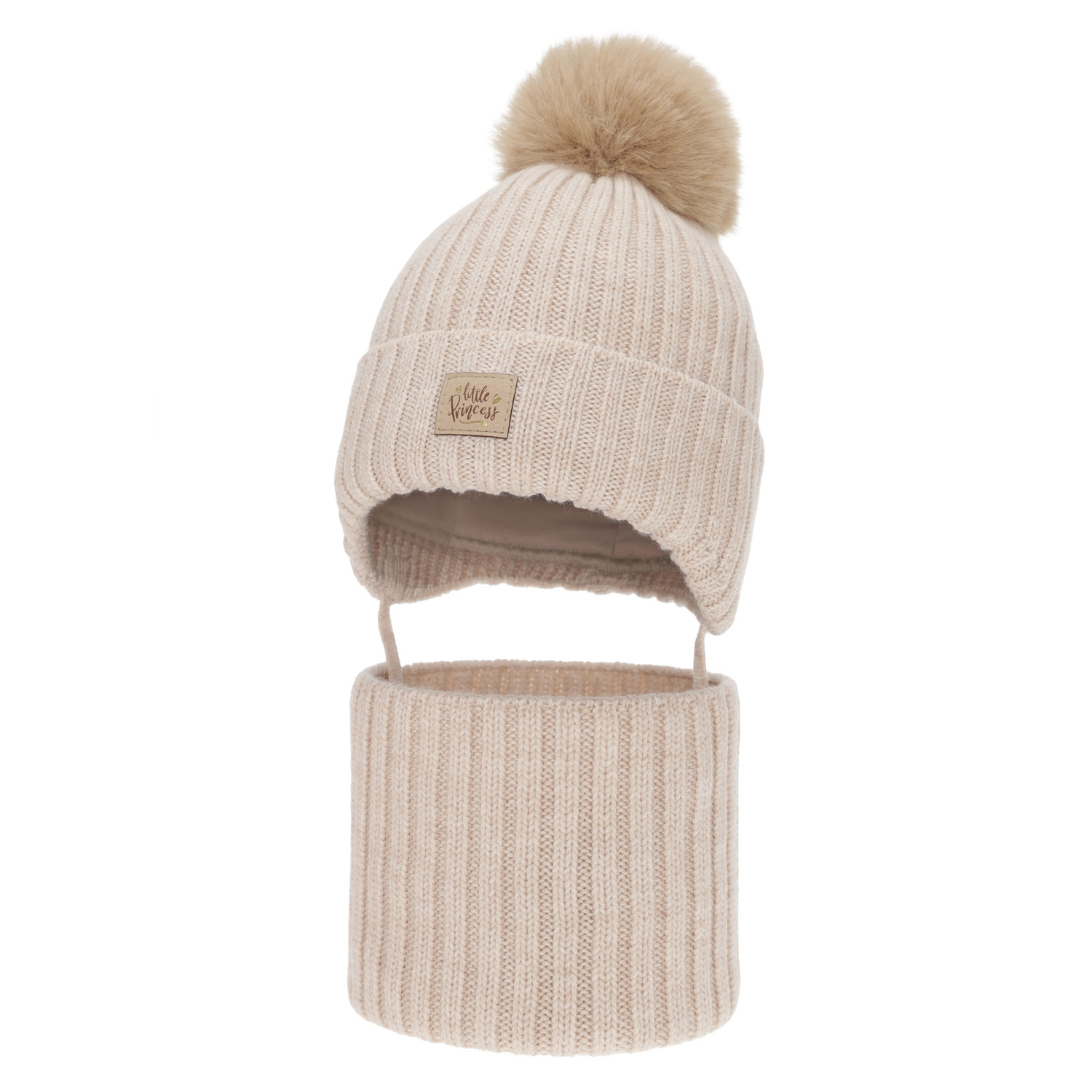 Set de iarnă pentru fete: căciulă și fular circular, bej, 100% lână merino, cu urechi, căptușit cu bumbac, Malesia