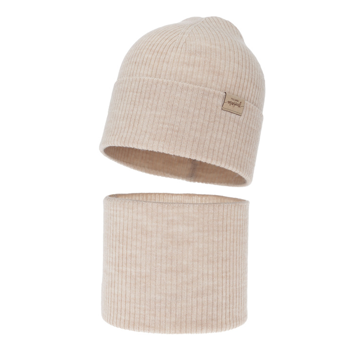 Set de primăvară-toamnă pentru fete: căciulă și fular circular, cremă, 100% lână merino, Magenta