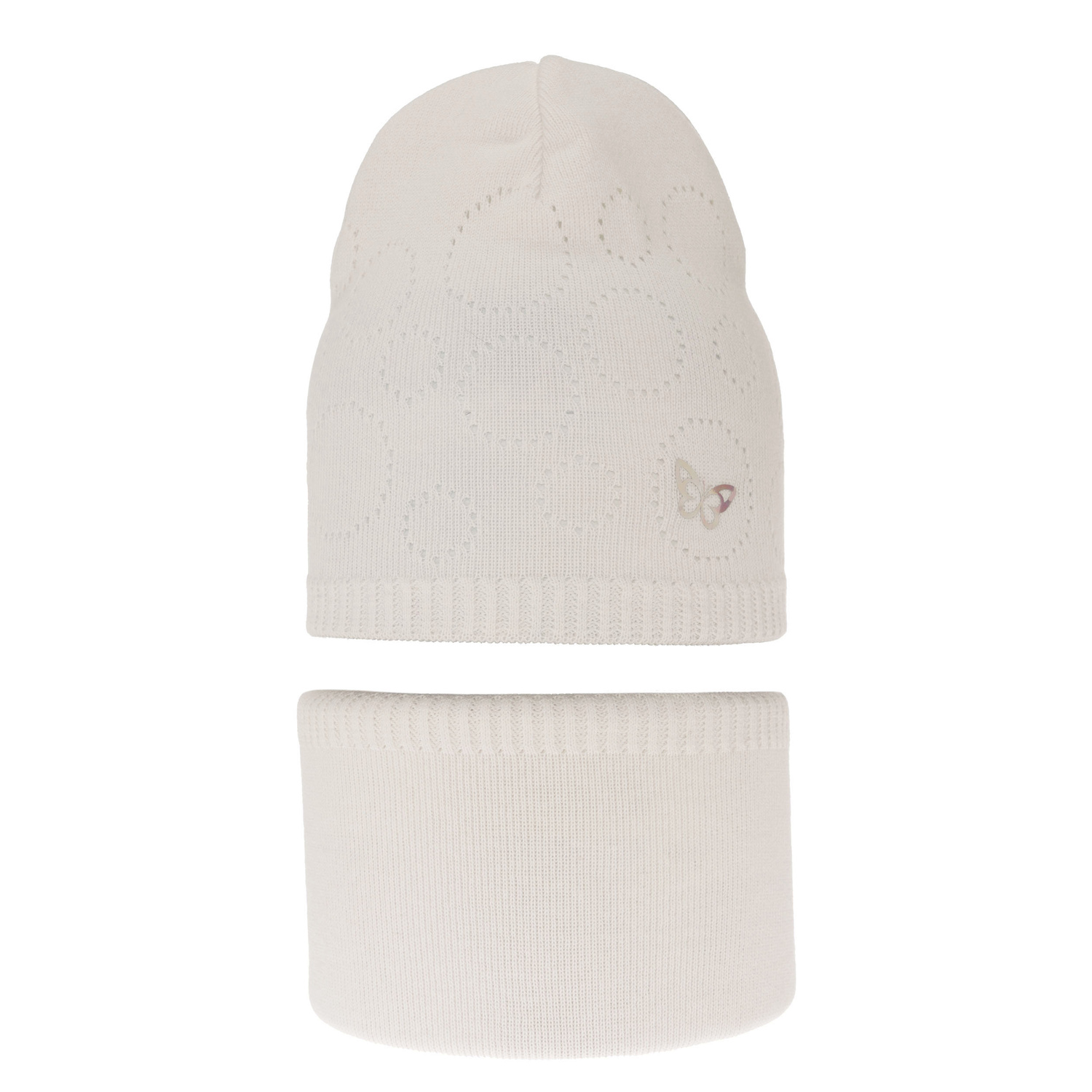 Set de primăvară-toamnă pentru fete: căciulă și fular circular, cu bumbac, ecru Amarilla