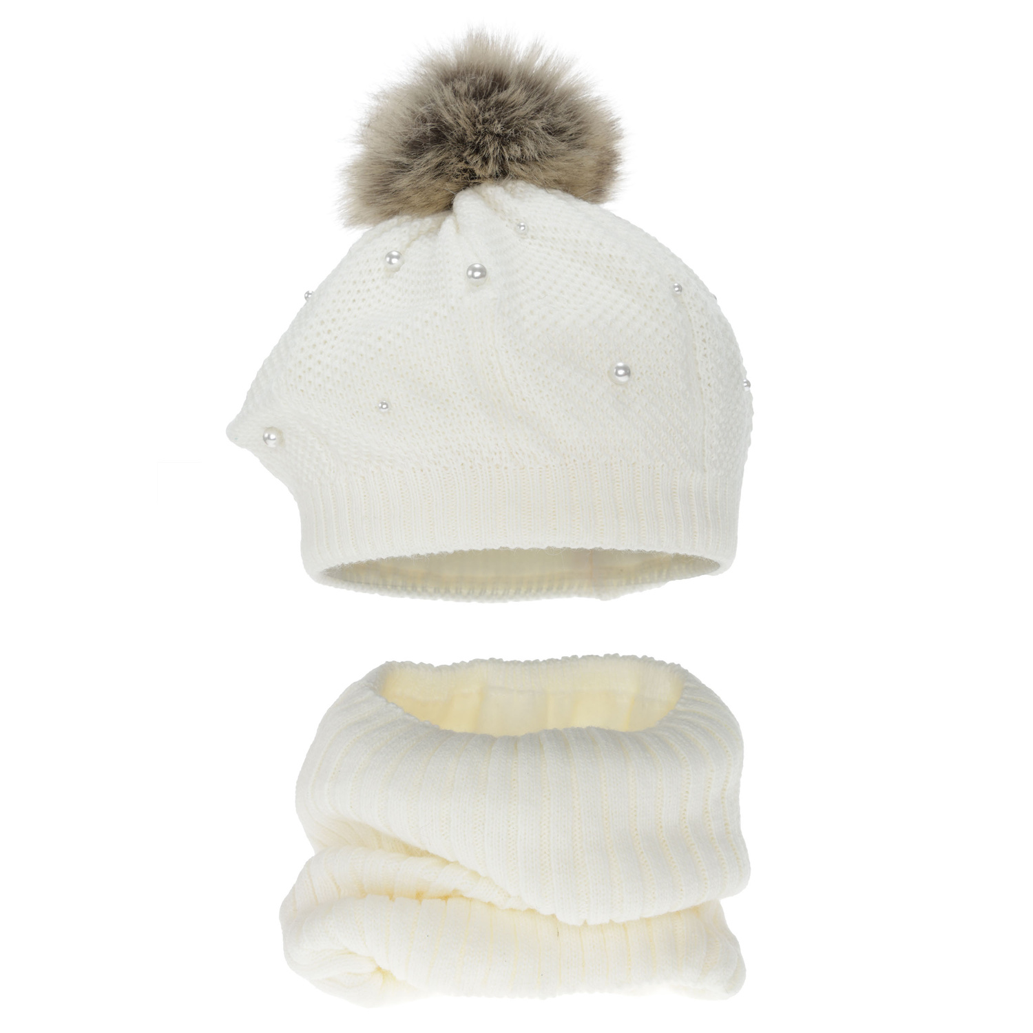 Beret și fular circular pentru fete, de iarnă, căptușit cu polar, culoarea cremă, cu pompon, Jeanette