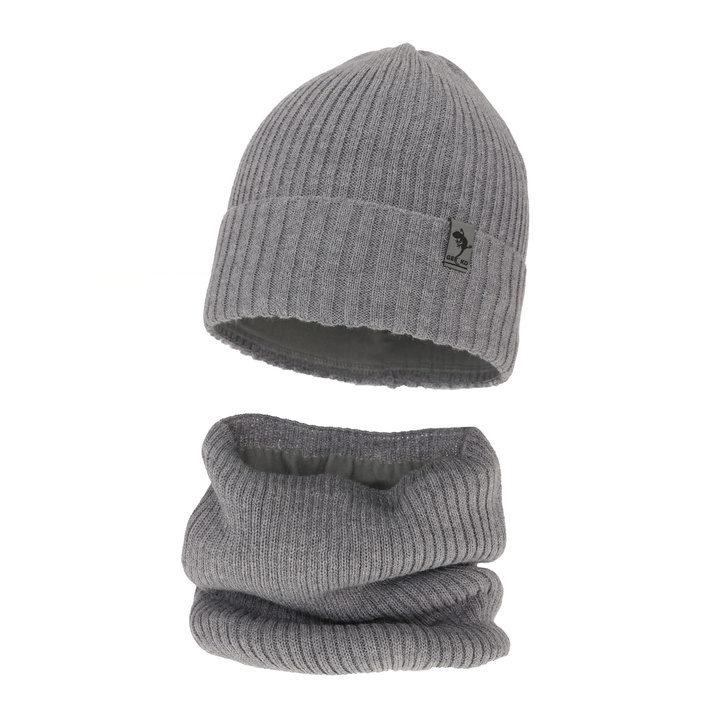 Set de iarnă pentru băieți: Căciulă și fular circular din lână merino gri Gecko