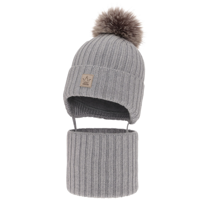 Set de iarnă pentru fete: căciulă și fular circular gri, 100% lână merino extra fină, căptușită cu polar din lână Martina