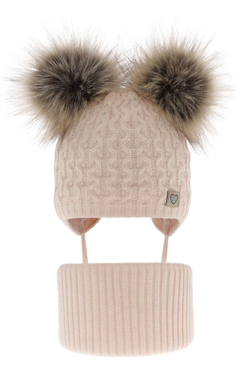 Set de iarnă pentru fete: căciulă și fular circular roz cu 2 pompoane Poliana