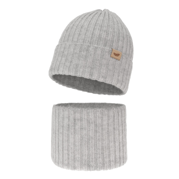 Set de iarnă pentru fete căciulă și fular circular gri din lână merino Karmina