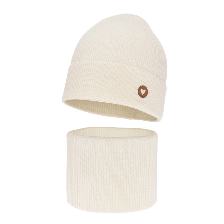 Set de primăvară-toamnă pentru fete: căciulă și fular circular ecru 100% lână merino extra fină Brook