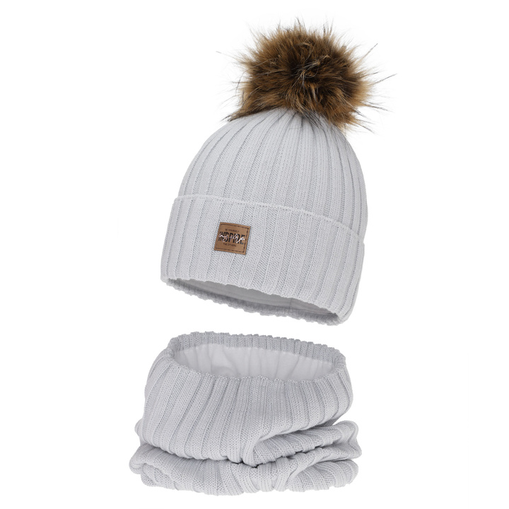 Set de iarnă pentru fete: căciulă și fular circular, gri, căptușit cu polar, cu lână merino, Bellina
